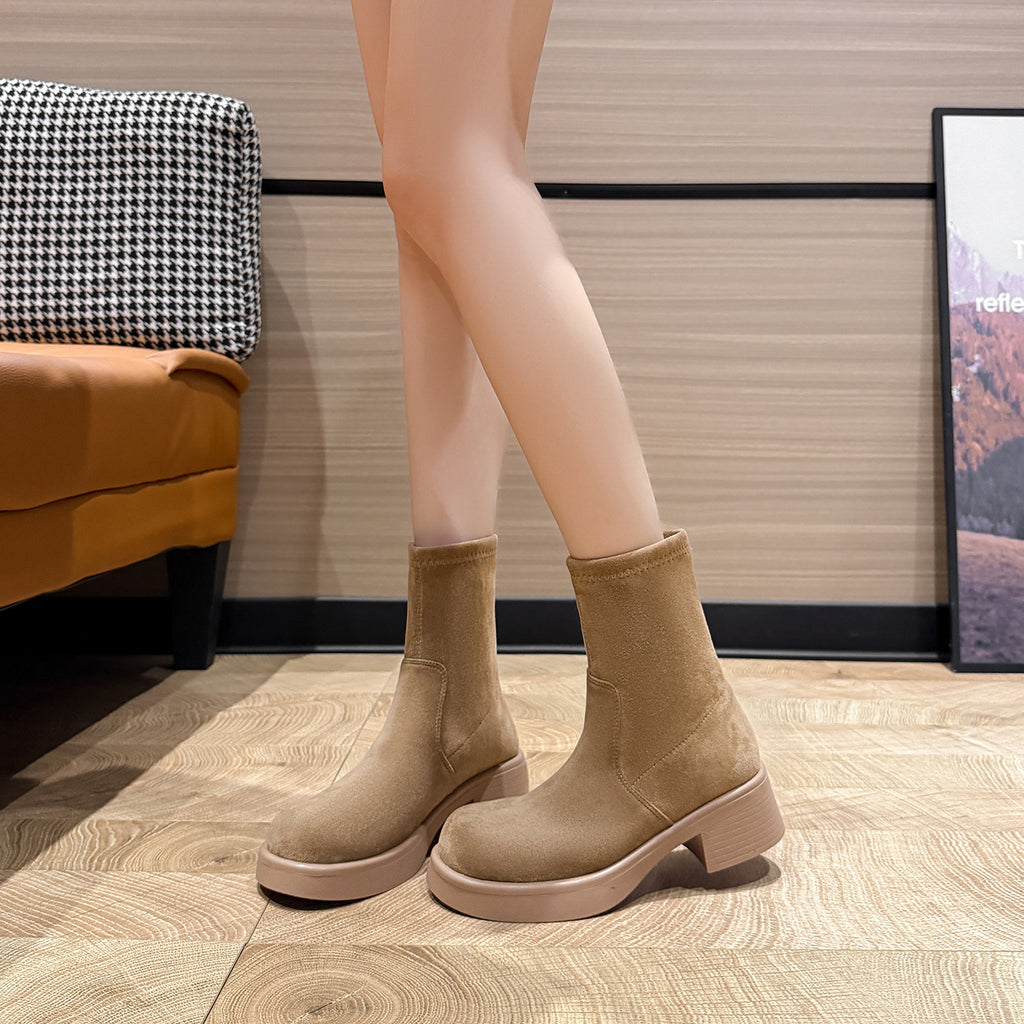 Women's Suede Ankle Boots Retro Round Toe Chunky Heel Riding Boots teemdrop