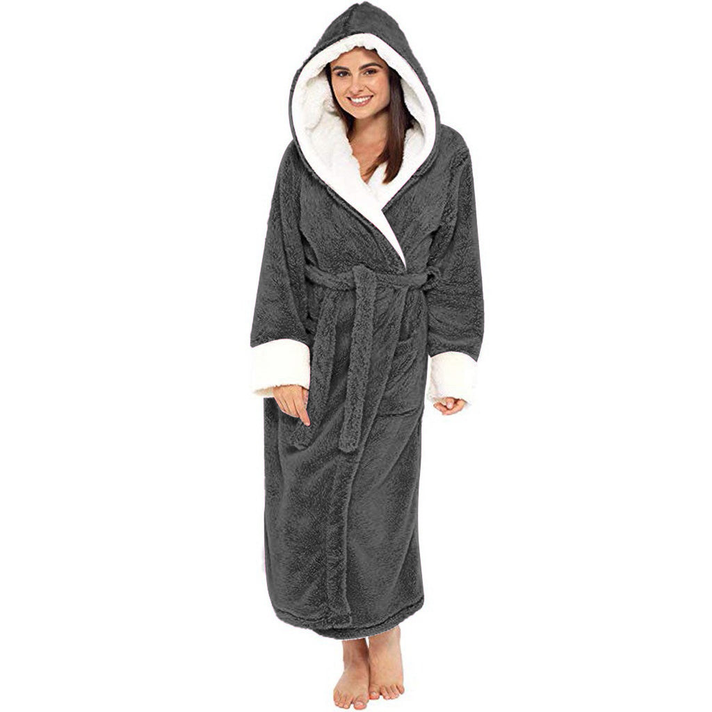 Women Long Plush Bathrobe with Belt Home Loungewear Winter Warm Nightgown