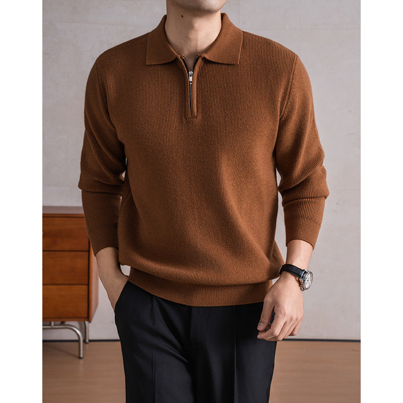 Men's Zippered Sheep Wool Blend Thickened Knit Sweater with Anti-Pilling Feature teemdrop