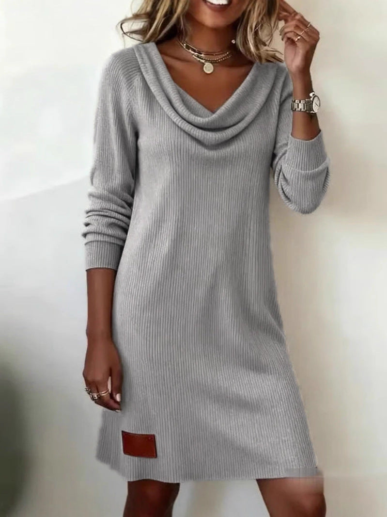 Women's Long Sleeve Pile Collar Slim Knitted Dress teemdrop