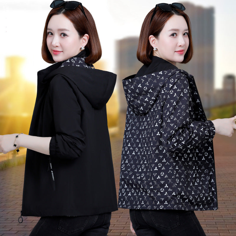 Women Reversible Hooded Long Sleeve Loose Polyester Windbreaker Jacket teemdrop