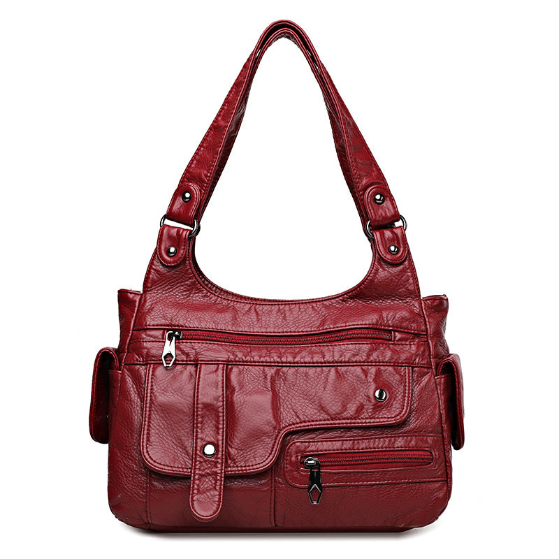 Women's Washed PU Leather Shoulder Bag Casual Lightweight Handbag teemdrop