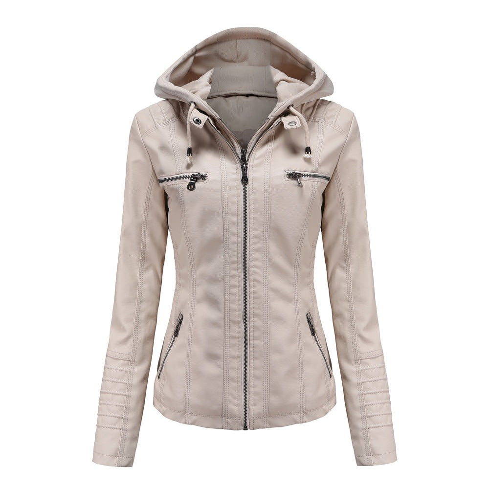 Womens Hooded PU Leather Jacket Two-Piece Set