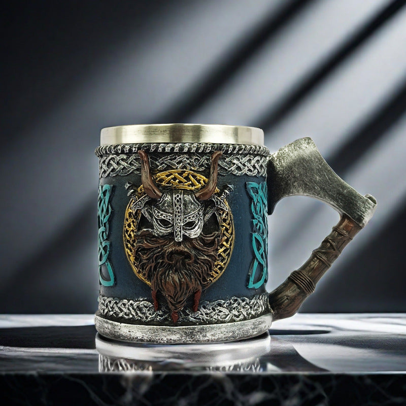 Viking Horn Shaped Beer Mug with Axe Handle 450ml Stainless Steel Drinking Cup for Parties teemdrop