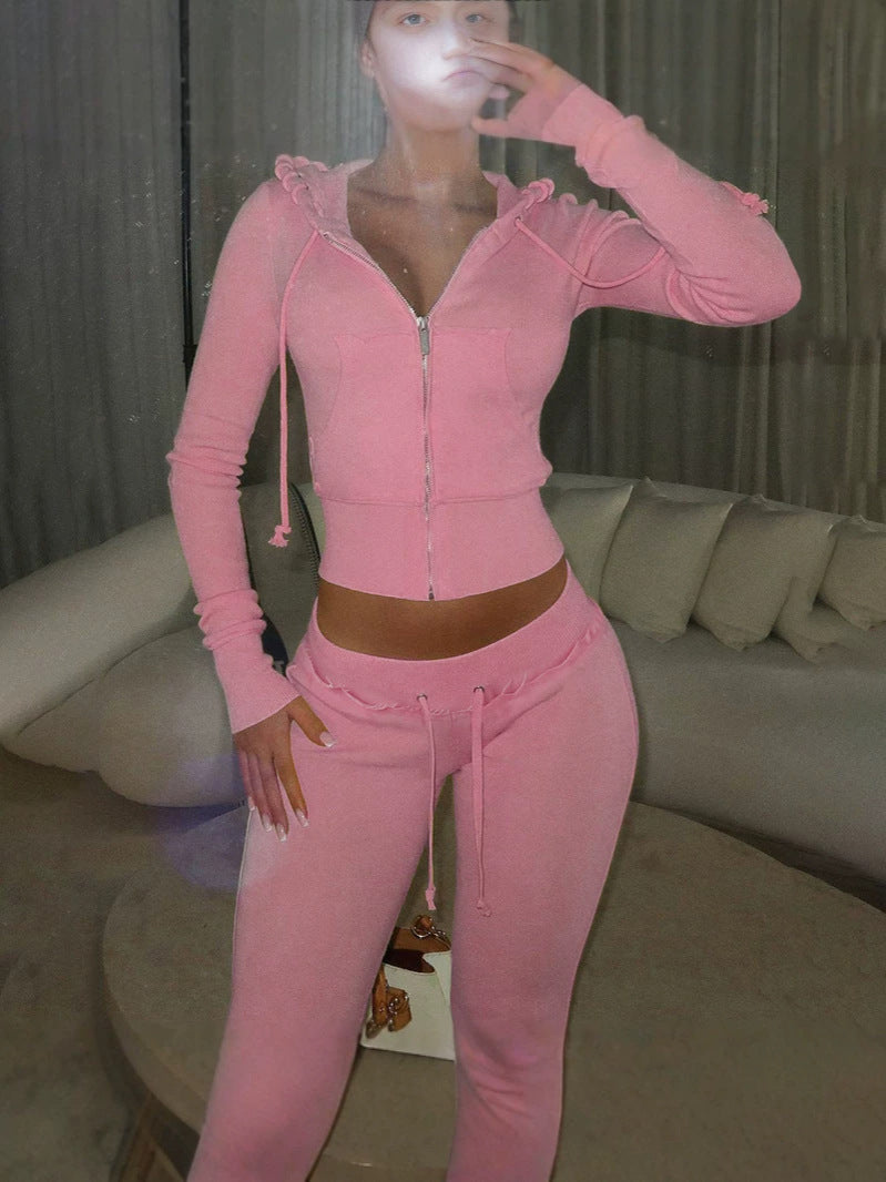 Women's Short Zip-Up Hoodie and Flared Pants Two-Piece Set teemdrop