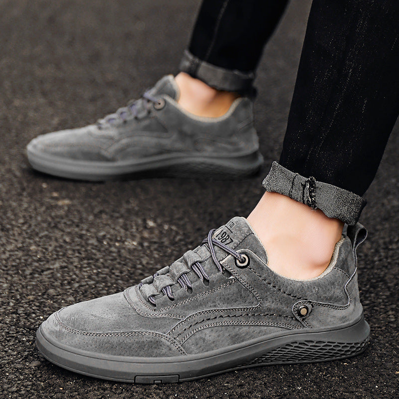 Men's Casual Low-Top Pigskin Leather Sneakers Breathable Nubuck Shoes teemdrop