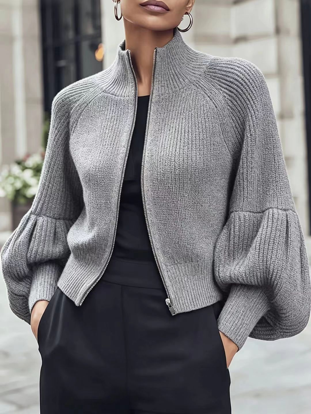Women's Stand Collar Zip-Up Lantern Sleeve Textured Knit Sweater teemdrop