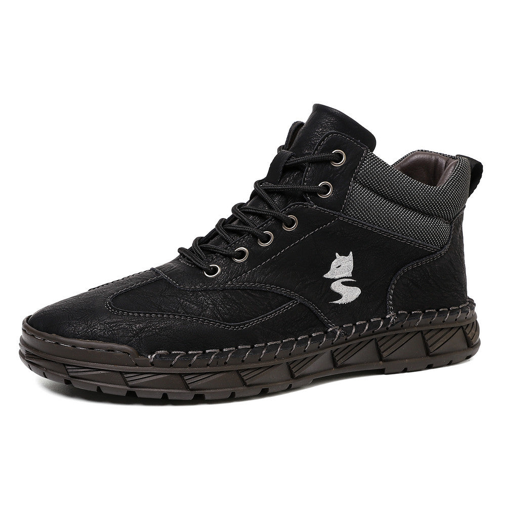 Mens Hand-Stitched PU Leather Lace-Up Flat Ankle Boots