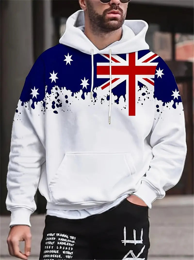 Men's 3D Australian Flag Print Drawstring Hoodie Loose Fit Long Sleeve Sweatshirt teemdrop