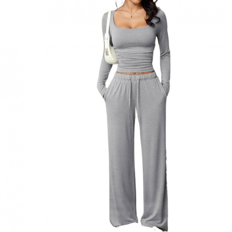 Casual Trousers Set Square Collar Long Sleeve Short Top Women Home Wear