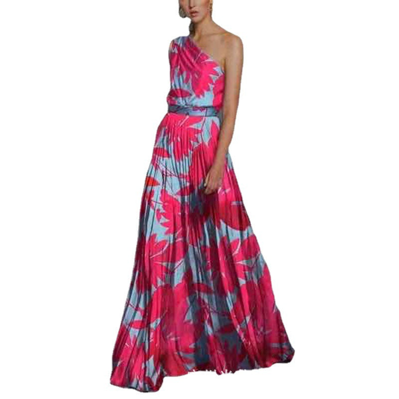 Mila 25 Manufacturer Short-Sleeve Spring and Summer Women's Leaf Patchwork Off-Shoulder Printed Dress with Asymmetrical Shoulder and Large Hem Long Dress