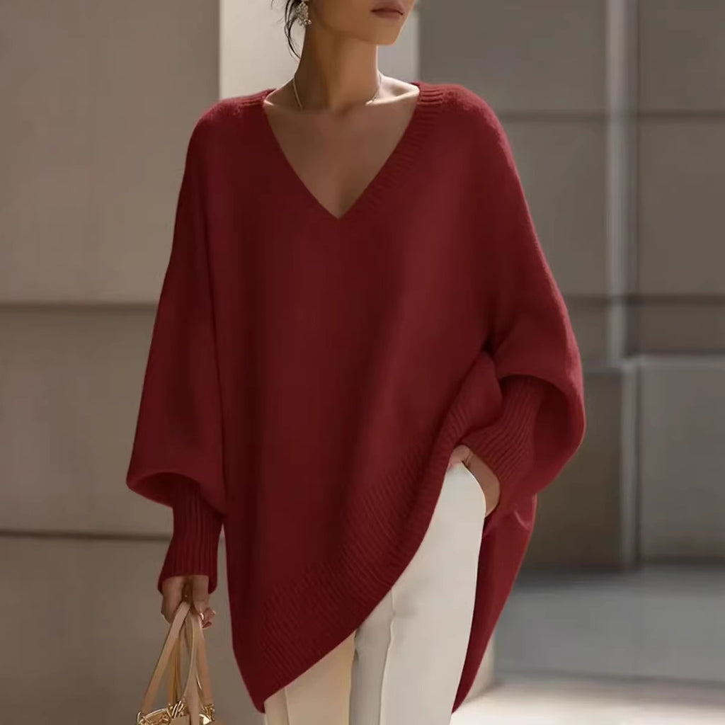 Solid-color long-sleeved V-neck relaxed style sweater for women, loose knitted top teemdrop