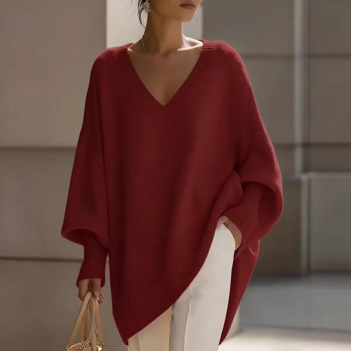 Solid-color long-sleeved V-neck relaxed style sweater for women, loose knitted top teemdrop