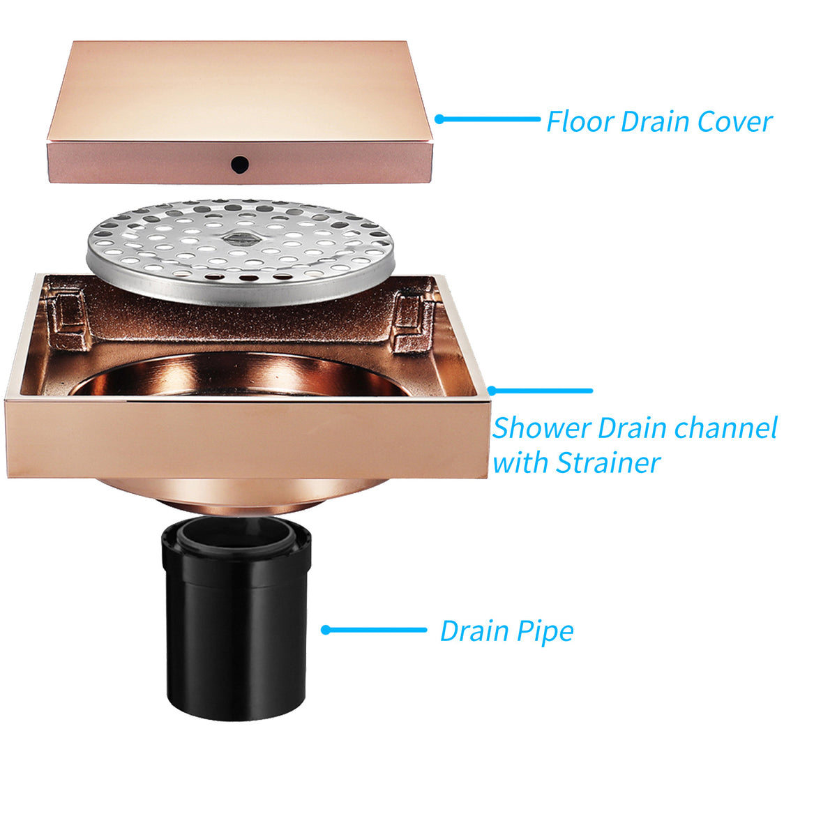 Rose Gold Copper Anti-Odor Concealed Tile Insert Square Linear Floor Drain teemdrop