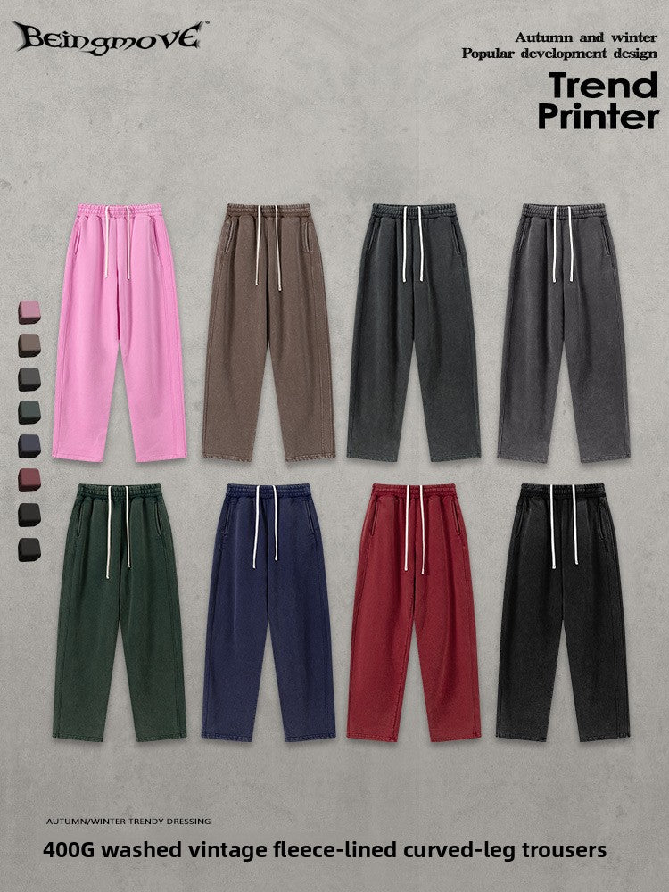 Retro Washed 400g Fleece Lined Curved Cut Straight Leg Sweatpants for Men teemdrop