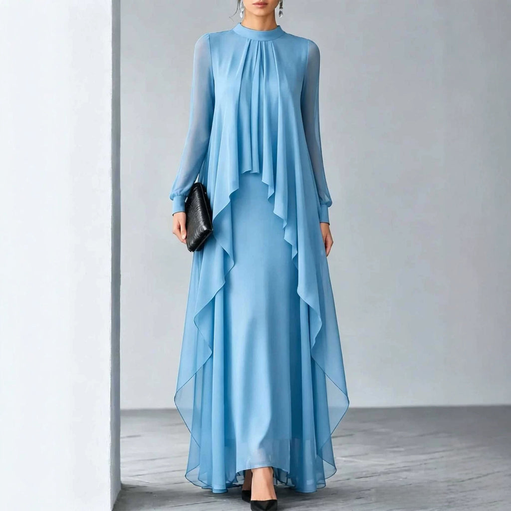 Women's Pleated Chiffon Long Dress Stand Collar Sheer Sleeve Ruffle Hem Fake Two-Piece Gown teemdrop