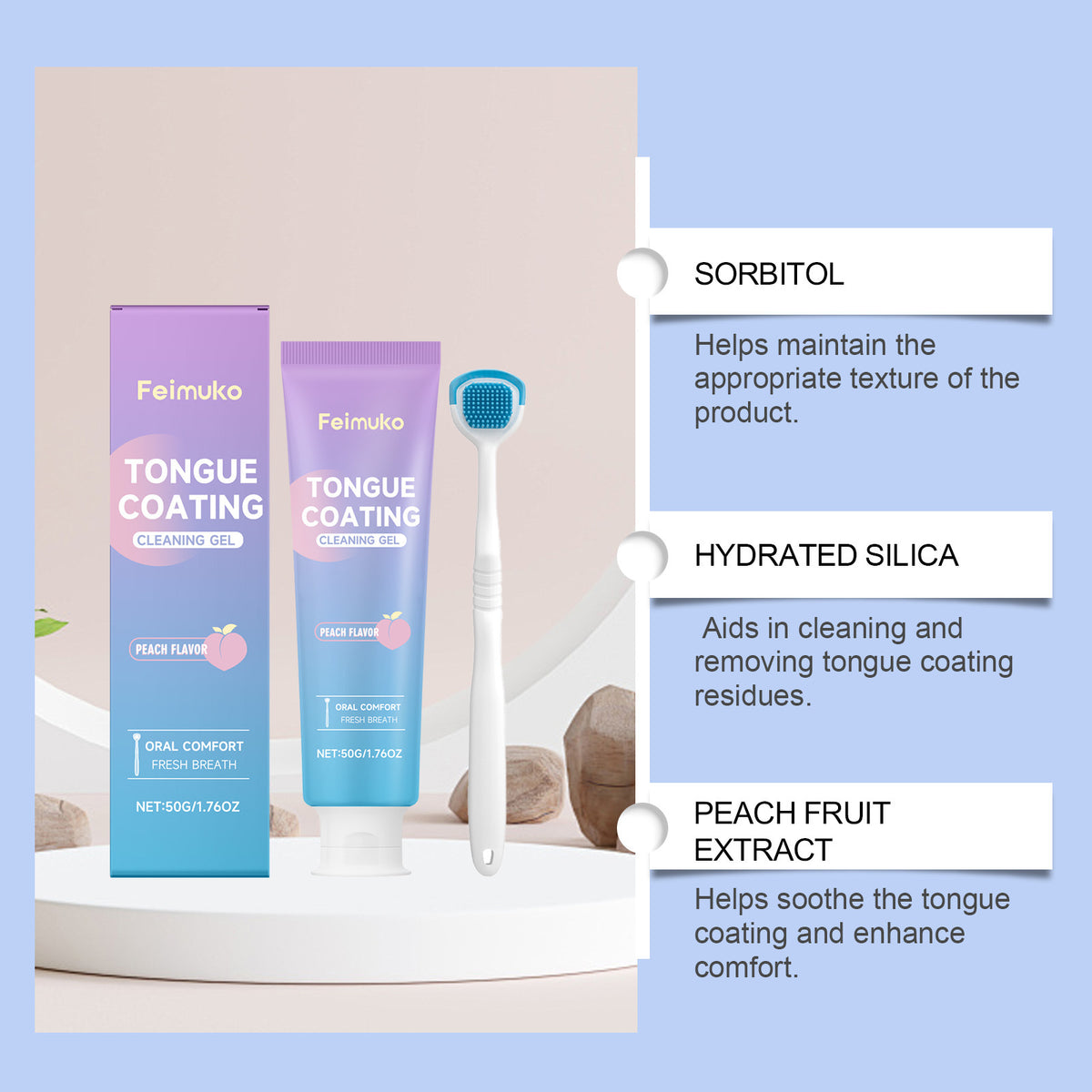 Feimuko Gentle Tongue Cleaning Gel Kit with Tongue Scraper for Oral Refreshing Care, 50g