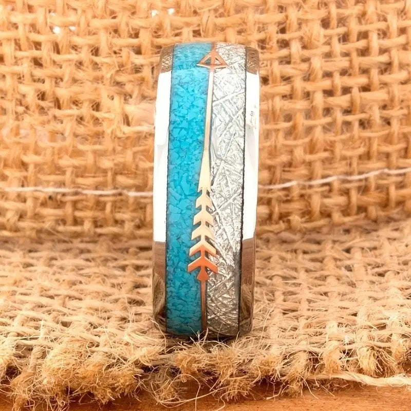 Fashion Unisex Silver Stainless Steel Ring with Gold Arrow Detail