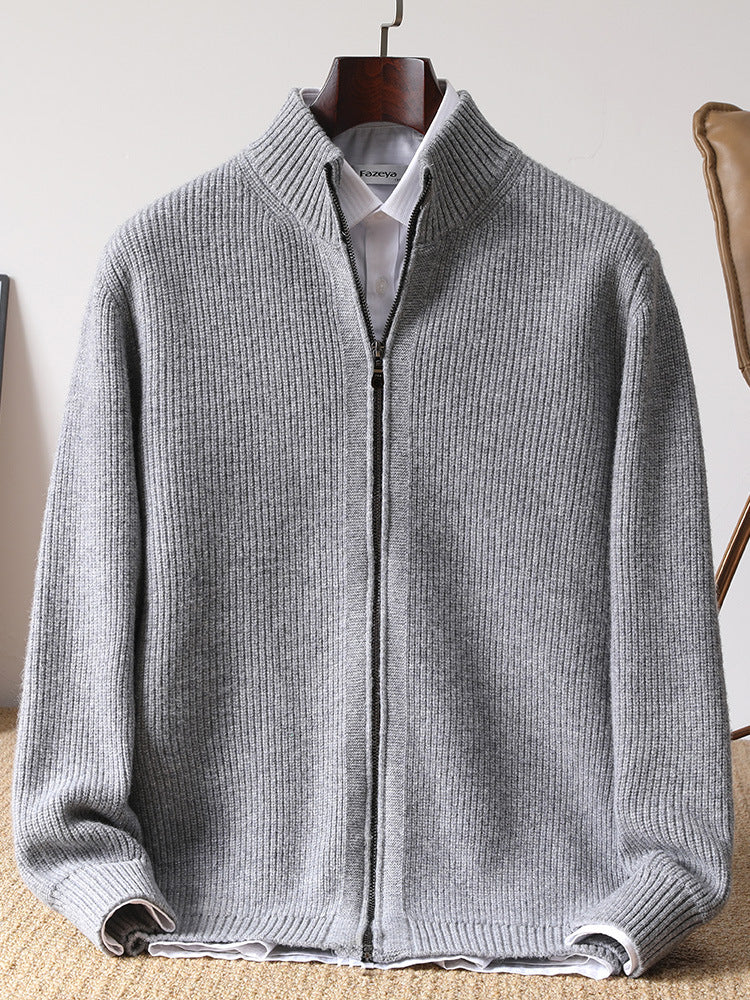 Men's 100% Wool Stand Collar Zip Cardigan teemdrop