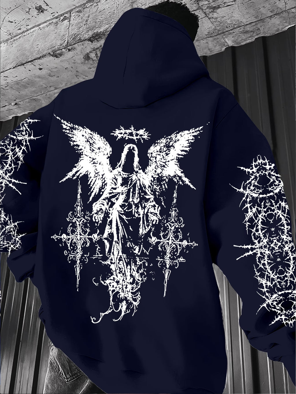 Gothic-style angel-print hoodie teemdrop