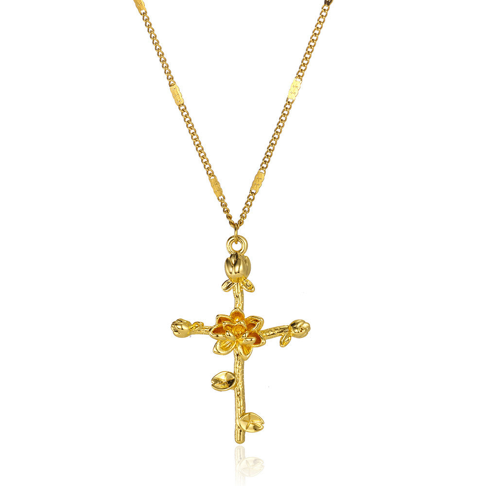 Gold Plated 3D Flower Cross Neckla teemdrop