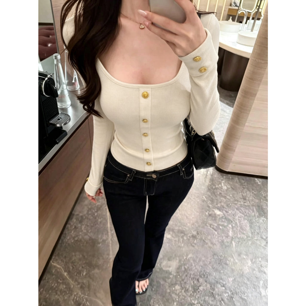 Women's Square Collar Long Sleeve Brushed Slim Fit T-Shirt teemdrop