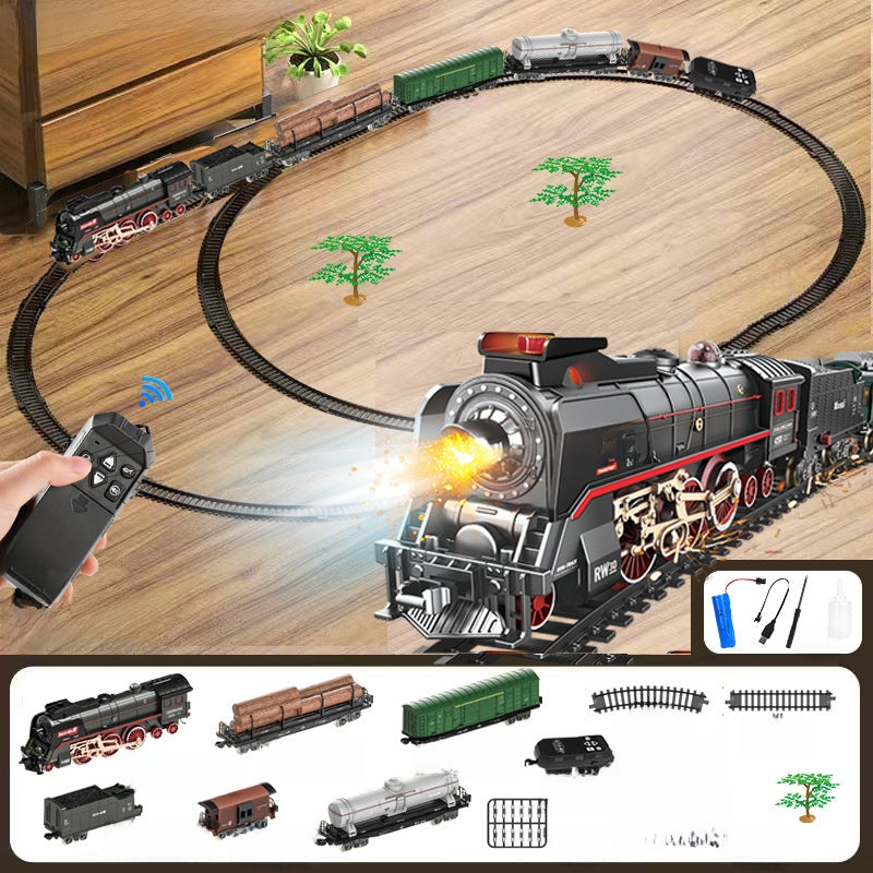 Retro Steam Train Toy Model with Remote Control Light Sound and DIY Track Set