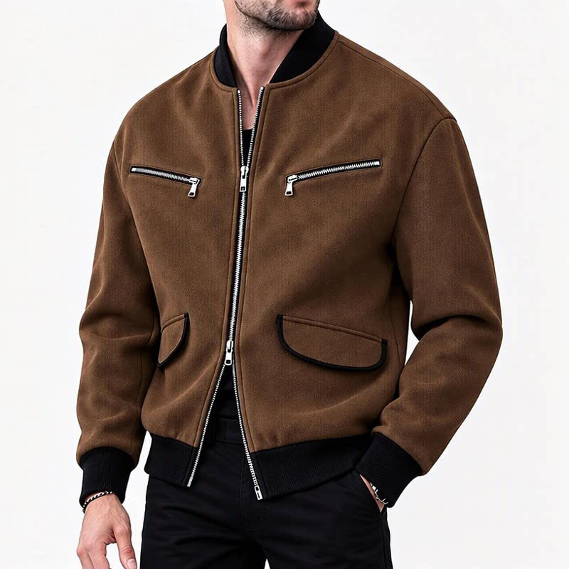 Men's Stand Collar Zipper Jacket Solid Color Casual Long Sleeve Outerwear teemdrop