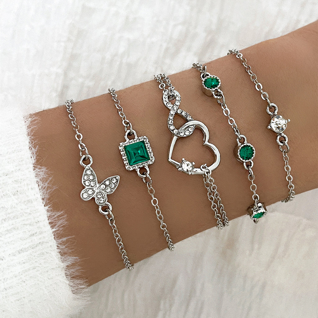 Vintage Style 5-Piece Set Green Diamond Butterfly Love Alloy Bracelet