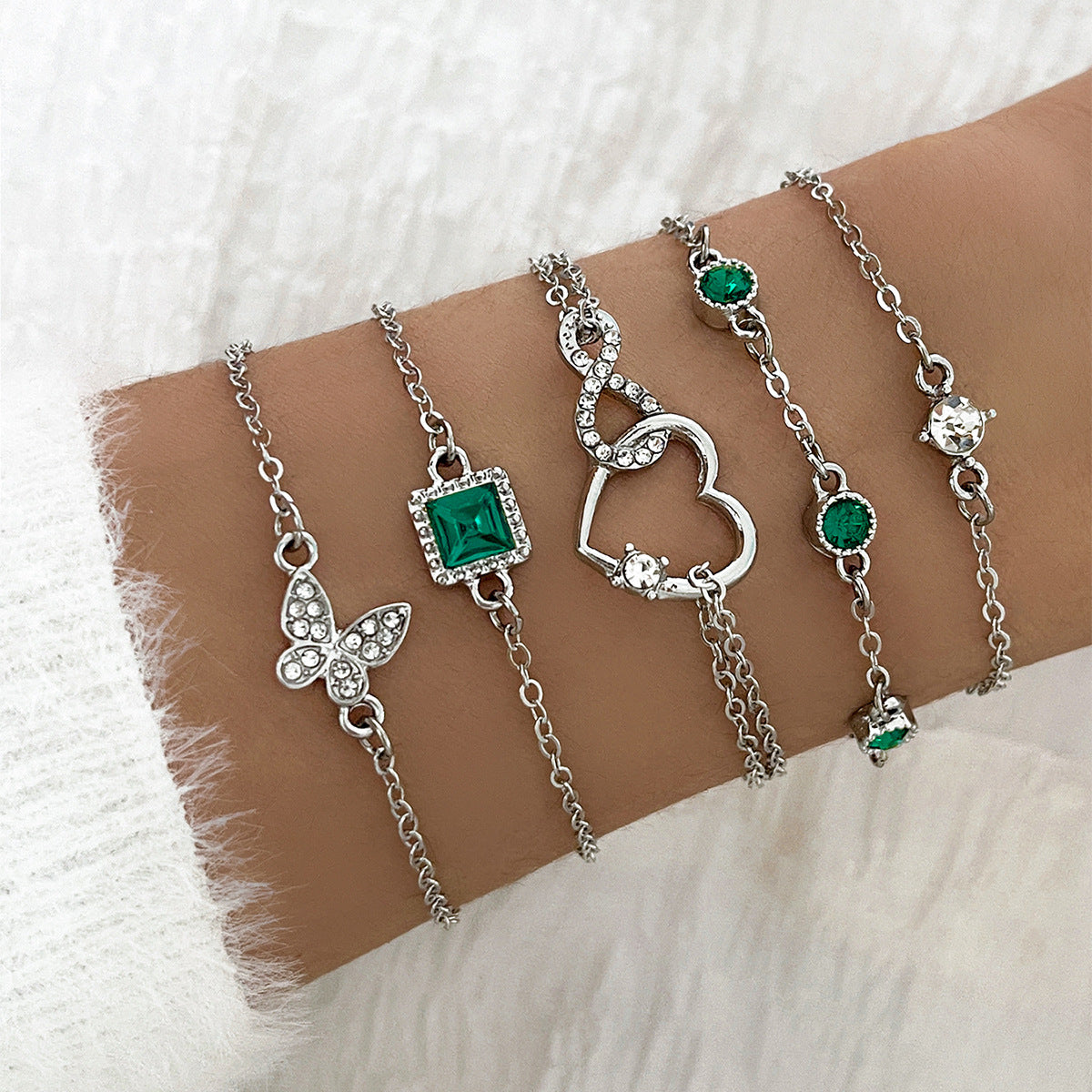 Vintage Style 5-Piece Set Green Diamond Butterfly Love Alloy Bracelet