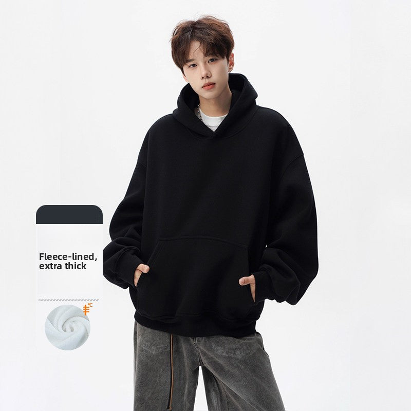 Men Heavyweight 400g Pure Cotton Double Layer Hooded Sweatshirt Loose Fit Solid Color teemdrop