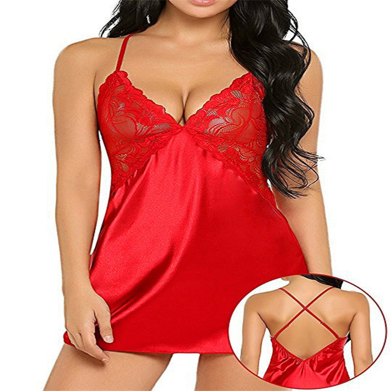 Women's Imitation Ice Silk Cross-Back Suspender Lingerie Nightdress