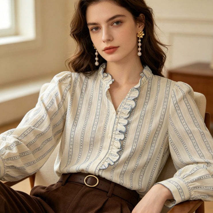 Women's 100% Cotton Ruffled Stand Collar Striped Long Sleeve Blouse teemdrop