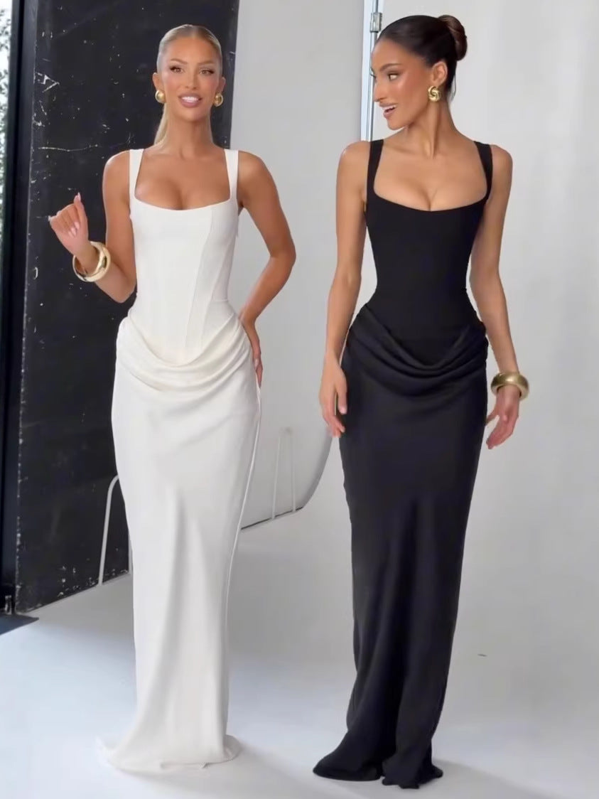 Women?s Drawstring Design Pleated A-Line Sleeveless Long Dress teemdrop
