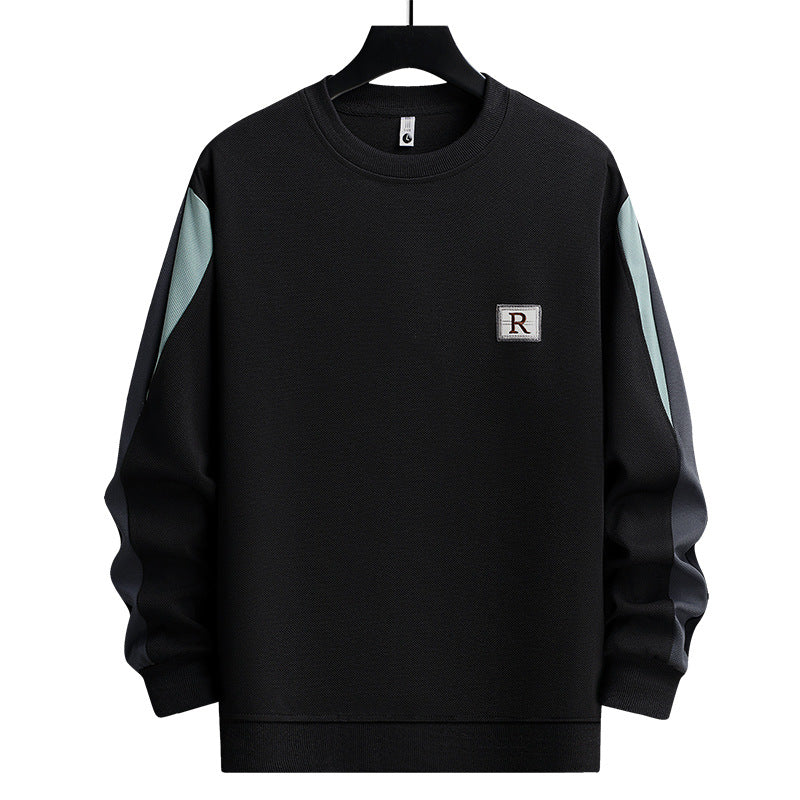 Men's Casual Patchwork Letter Embroidery Round Neck Loose Pullover Sweatshirt