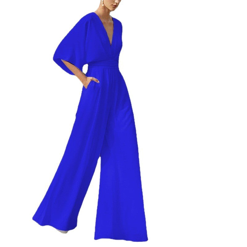 2026 Winter New European and American Foreign Trade Women's Fashion Jumpsuit Amazon Hot-Selling Deep V High-Waisted Wide-Leg Pants