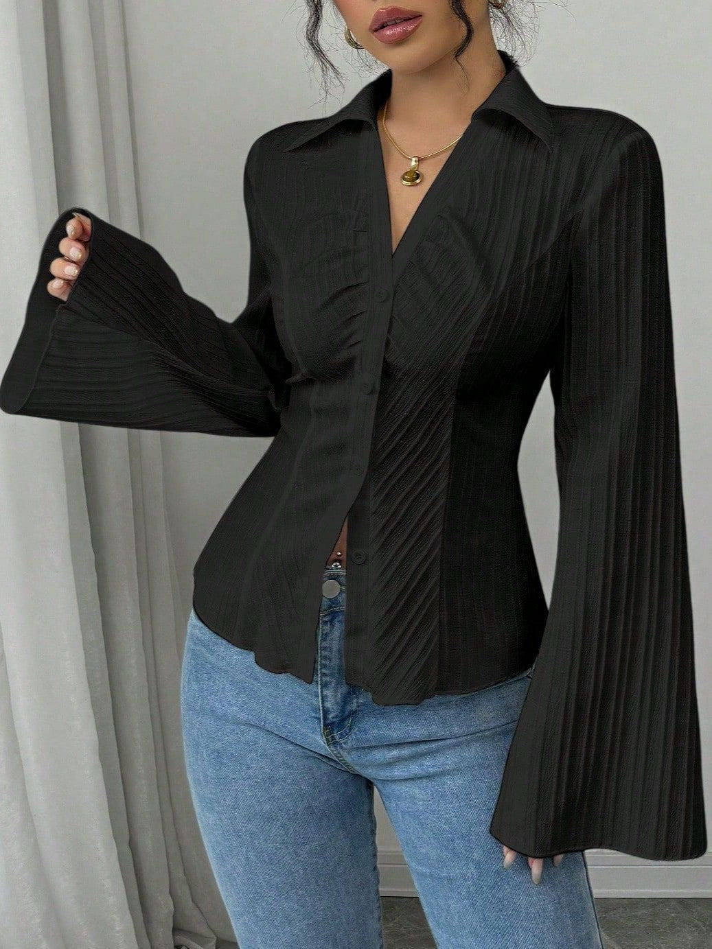 Women's V-Neck Long Sleeve Striped Button-Down Shirt teemdrop