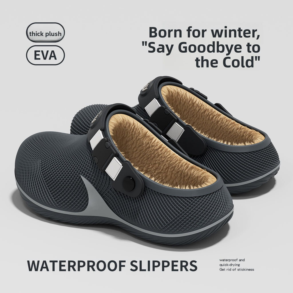 Pair of dark grey EVA slippers with tan fleece lining and black heel straps on a light grey background.
