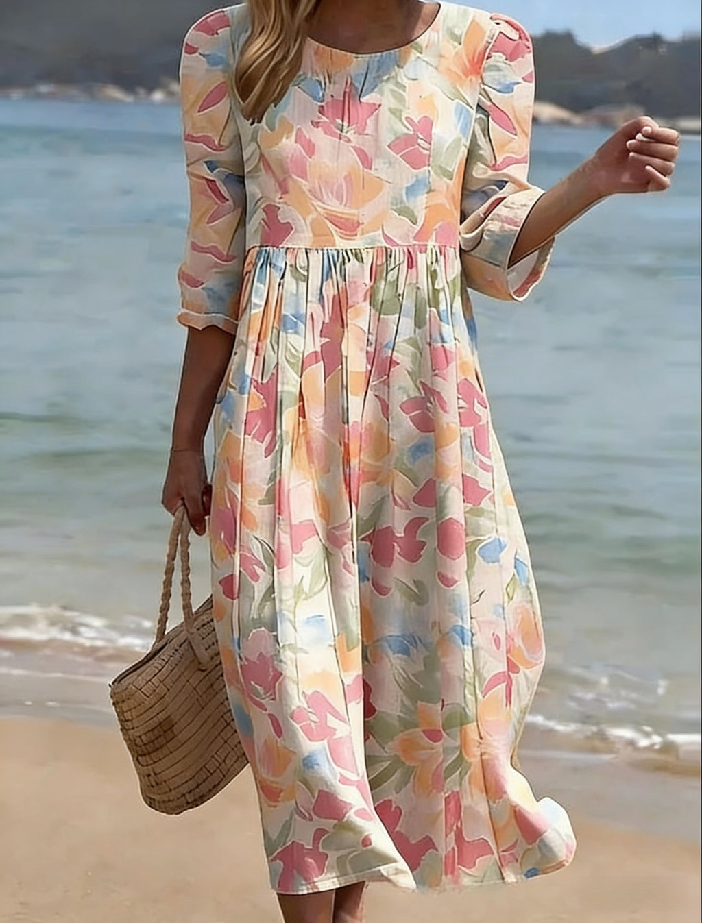 Women's floral print long-sleeved round-neck dress teemdrop