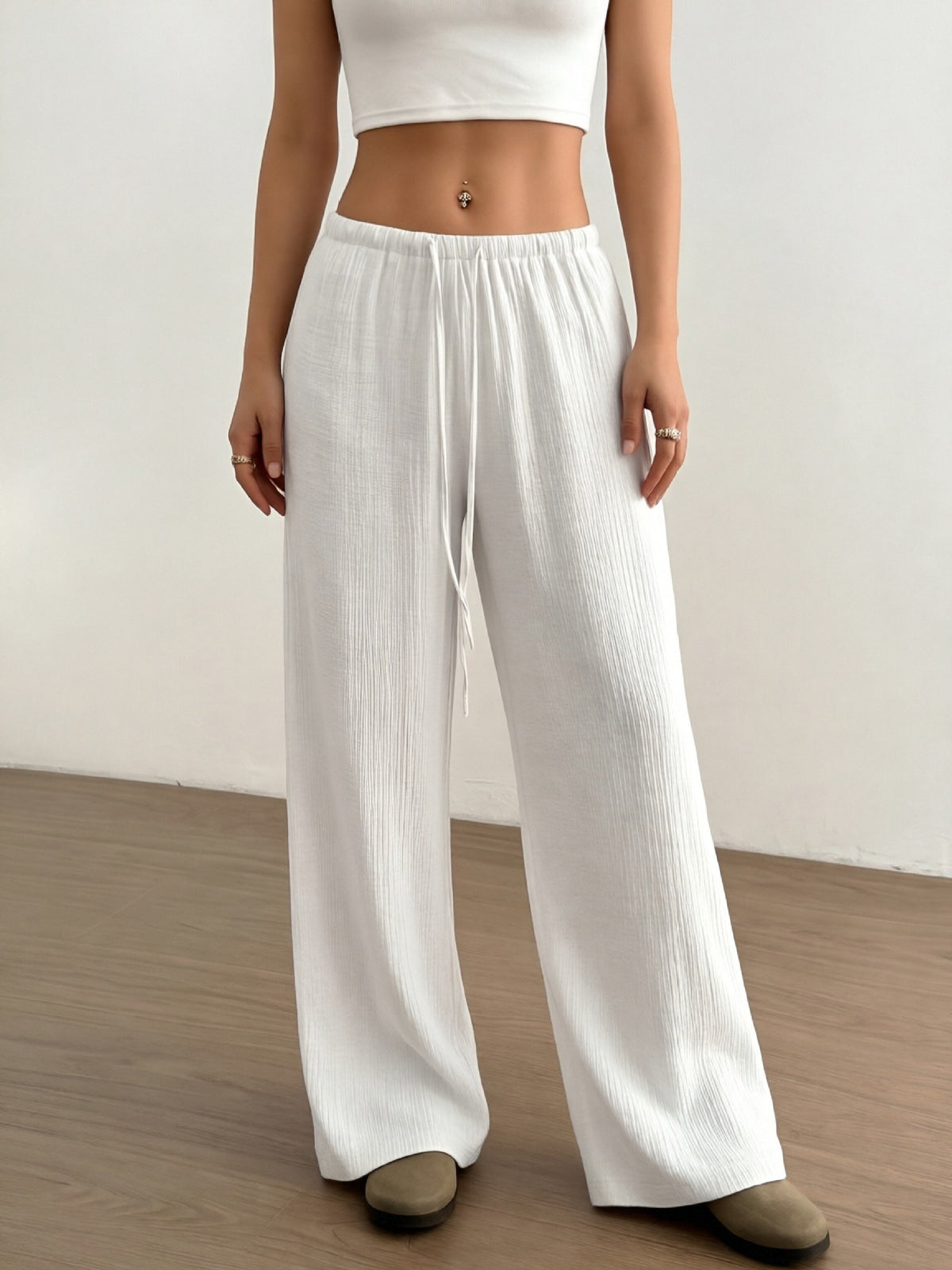 Women's Textured High Waist Drawstring Drapey Wide Leg Pants teemdrop