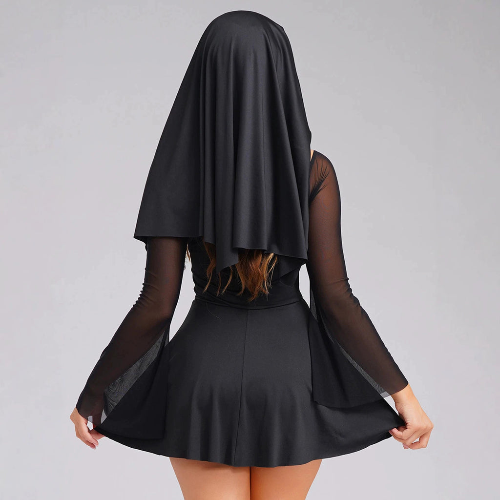 Women's Nun Costume Dress with Headscarf for Halloween Stage Performance