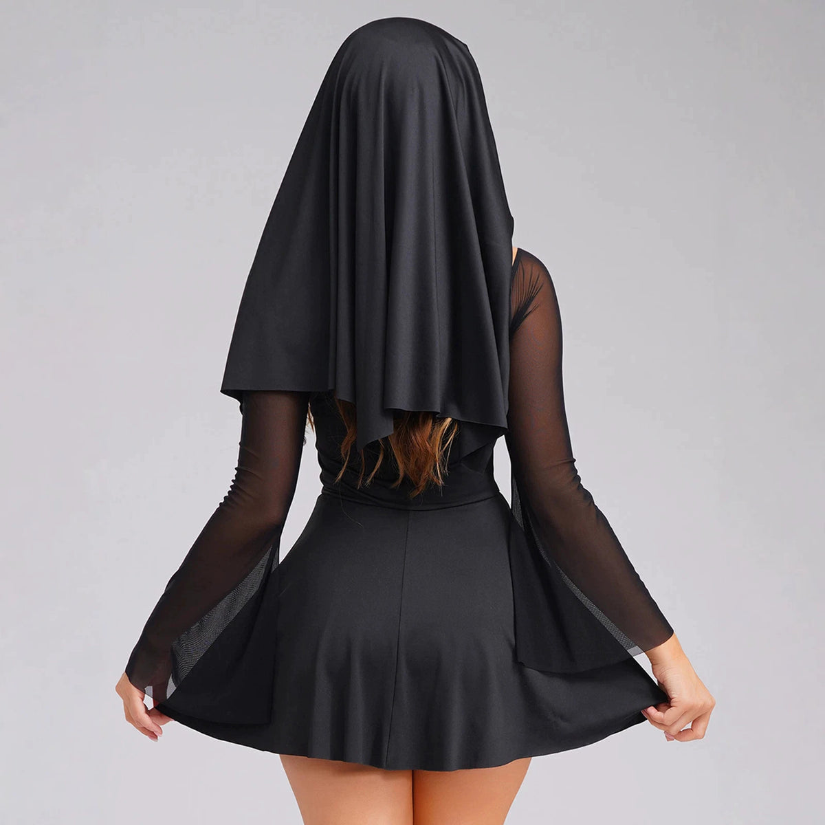 Women's Nun Costume Dress with Headscarf for Halloween Stage Performance