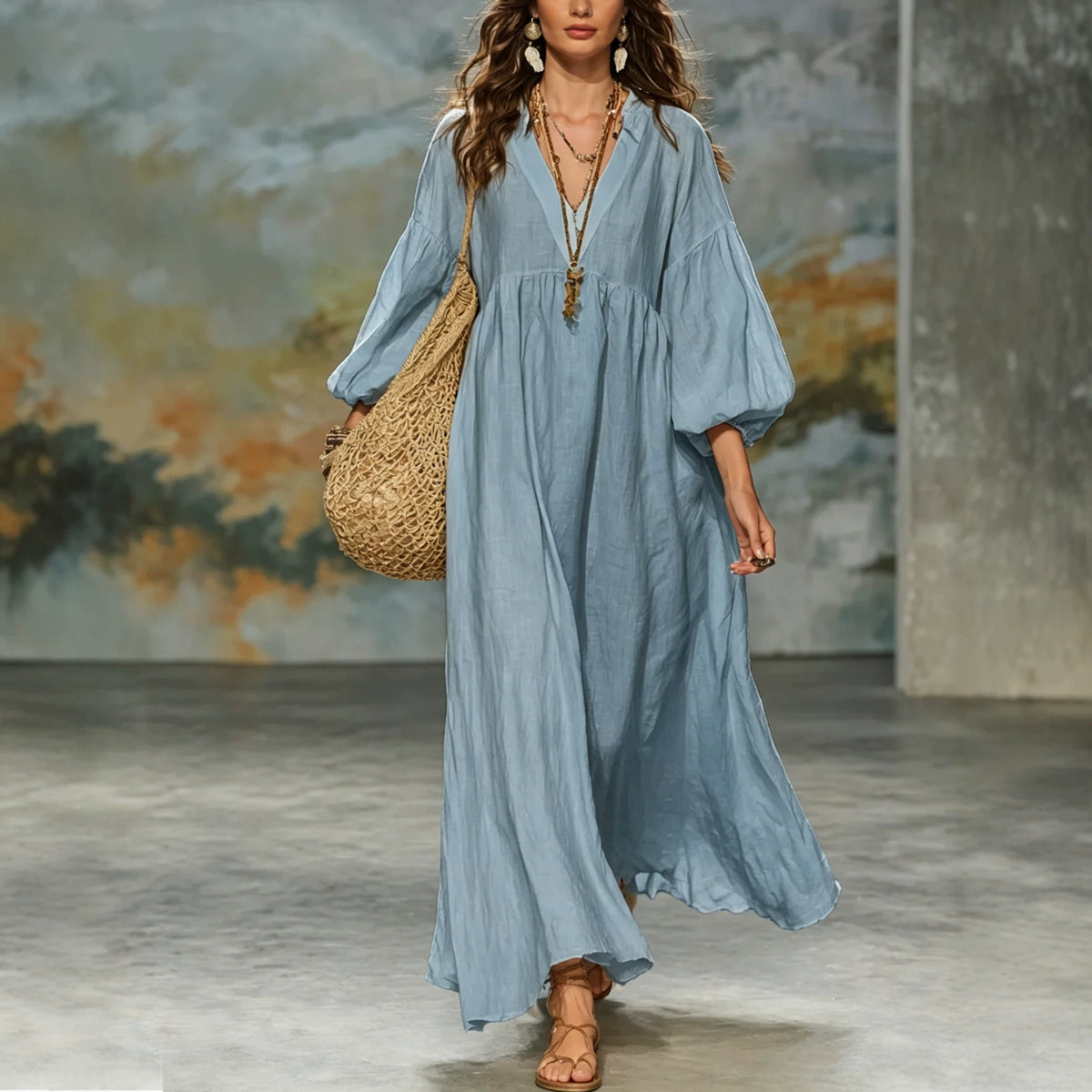 dress women's cotton and linen deep V lantern sleeves teemdrop