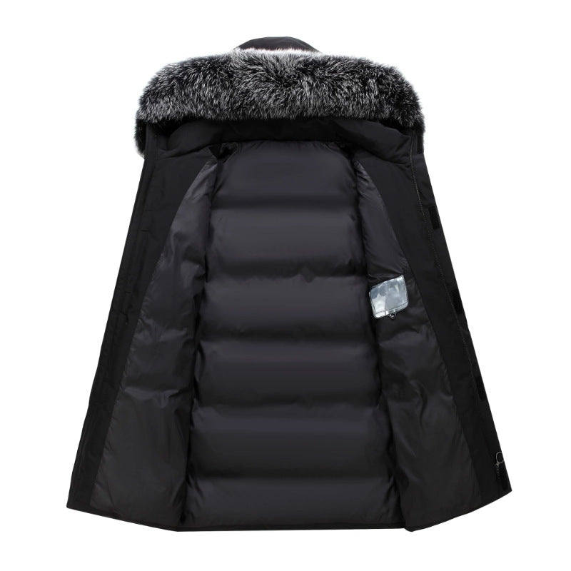 Men's Winter Mid-Length Hooded Down Coat with Fur Collar Loose Fit White Duck Filling Jacket teemdrop