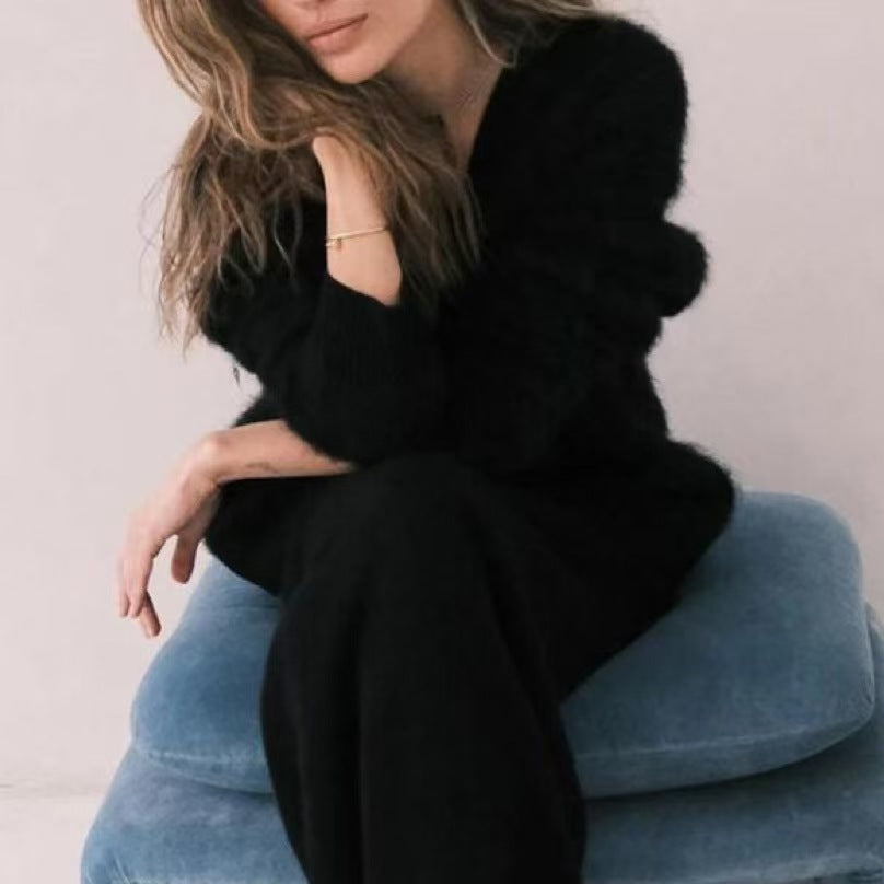 Women's Faux Fur Knitted Cardigan V-Neck Loose Long Sleeve Outerwear teemdrop