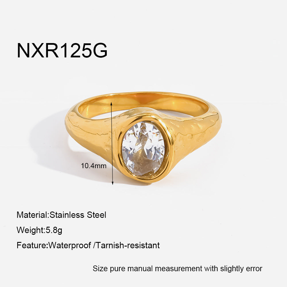 18K Gold Plated Stainless Steel Ring with Zircon Minimalist Hammered Design