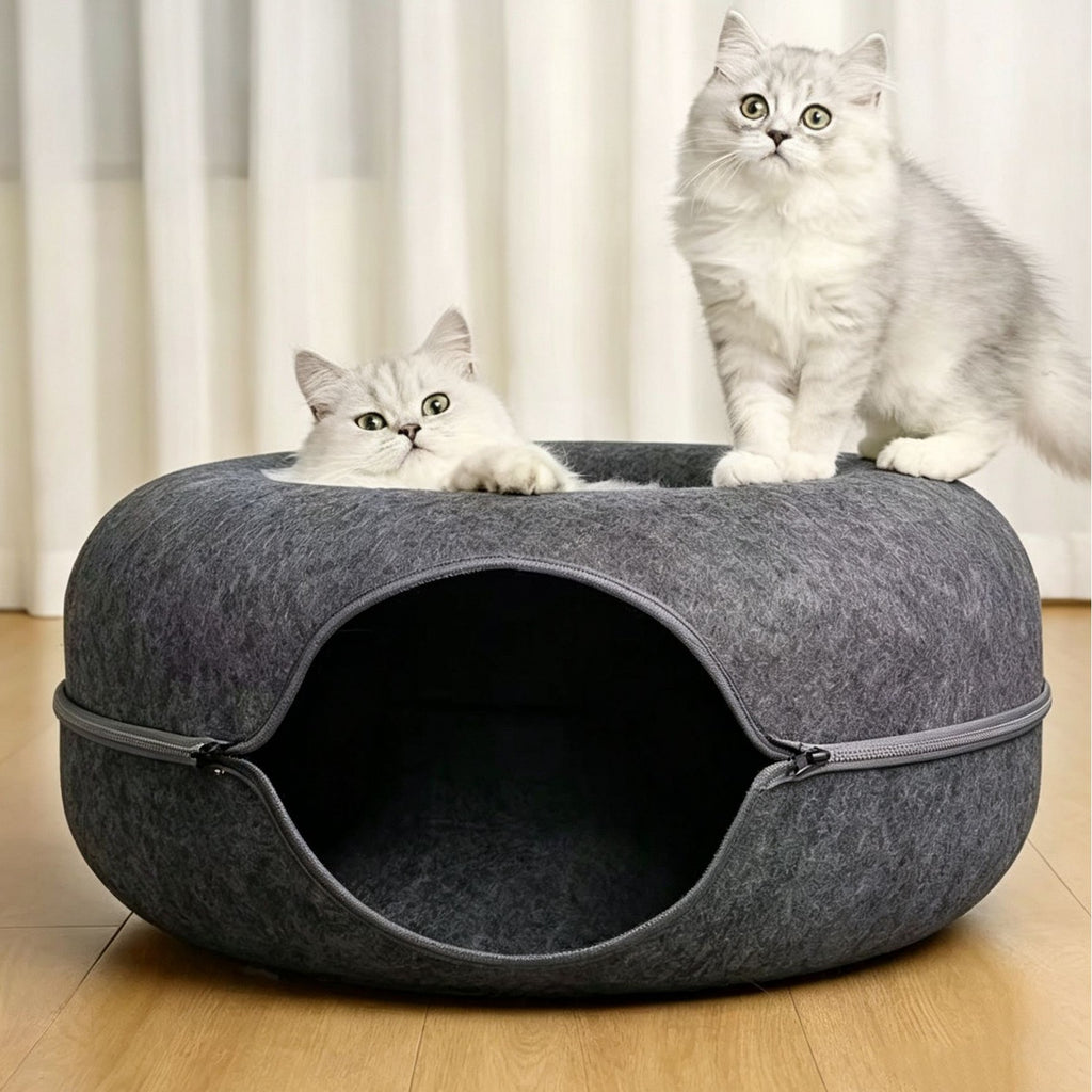 All-Season Warmth Felt Donut Cuddler Cat Bed and Play Tunnel