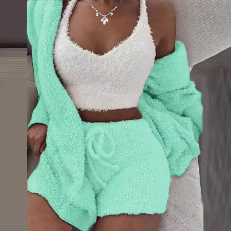 Women's Plush Three-Piece Long Sleeve Vest Shorts Track Set teemdrop