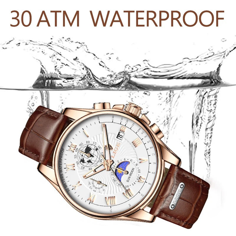 LIGE Men's Business Watch with Moon Phase Multifunction Quartz Wristwatch Leather Strap Waterproof