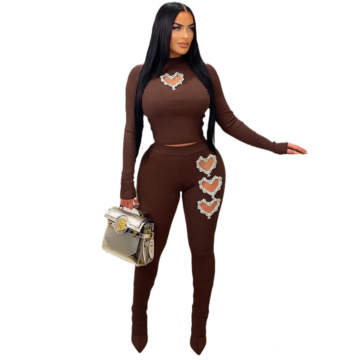 Women's Heart-Shaped Detail Solid Color Two-Piece Pants Suit teemdrop